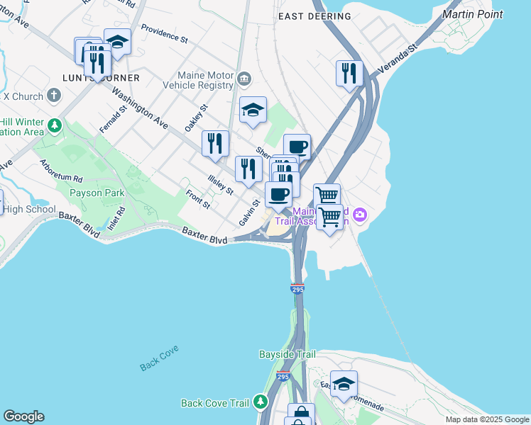 map of restaurants, bars, coffee shops, grocery stores, and more near 13 Bates Street in Portland