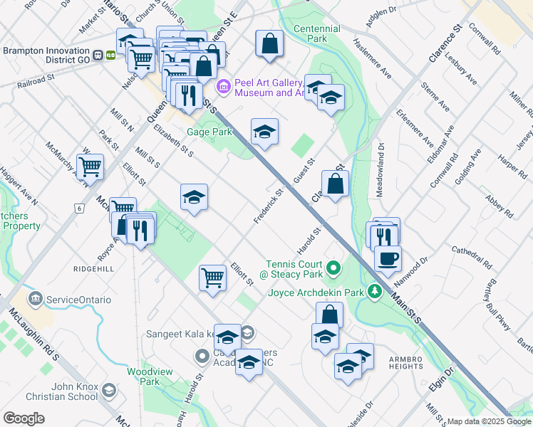 map of restaurants, bars, coffee shops, grocery stores, and more near 15 Frederick Street in Brampton