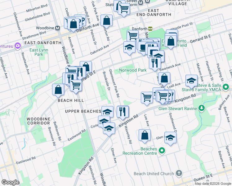 map of restaurants, bars, coffee shops, grocery stores, and more near 88 Glenmount Park Road in Toronto