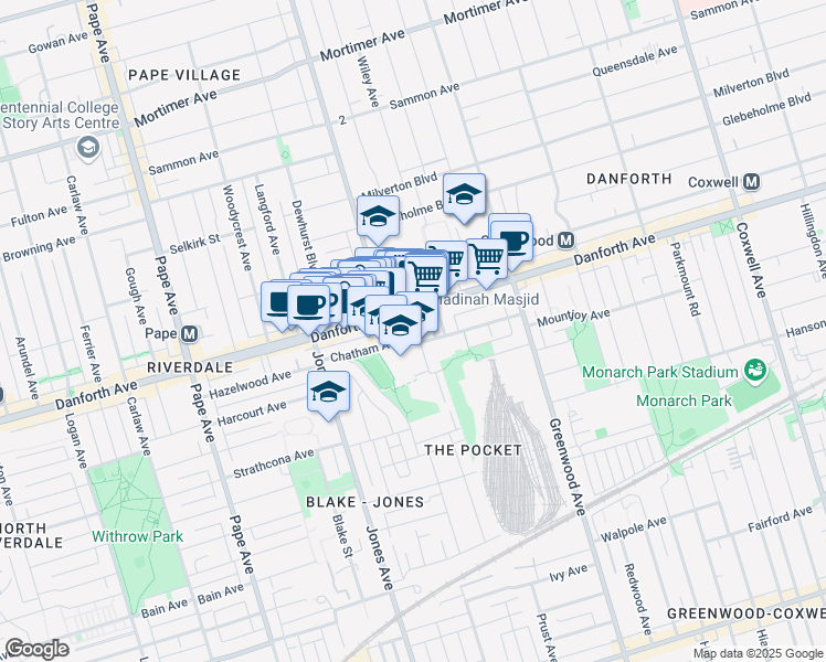 map of restaurants, bars, coffee shops, grocery stores, and more near 118 Chatham Avenue in Toronto