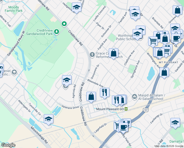map of restaurants, bars, coffee shops, grocery stores, and more near 34 Donomore Drive in Brampton
