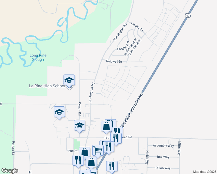 map of restaurants, bars, coffee shops, grocery stores, and more near 51720 Huntington Road in La Pine
