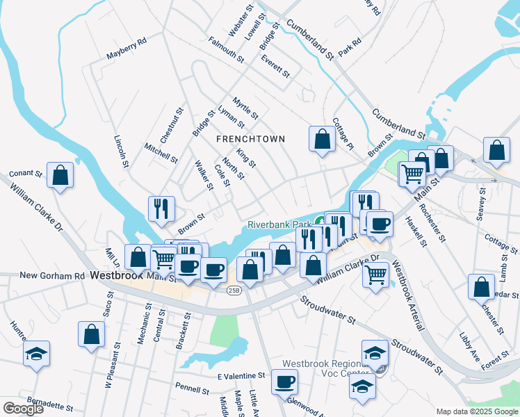 map of restaurants, bars, coffee shops, grocery stores, and more near 21 North Street in Westbrook
