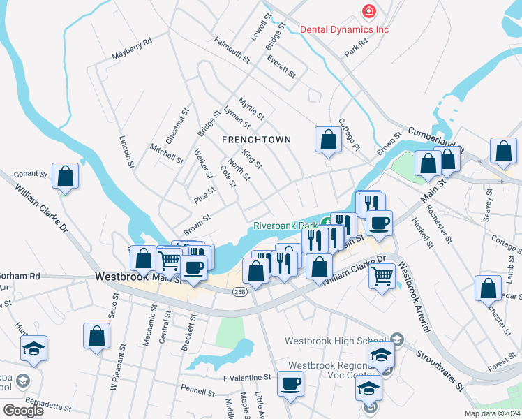 map of restaurants, bars, coffee shops, grocery stores, and more near 21 North Street in Westbrook