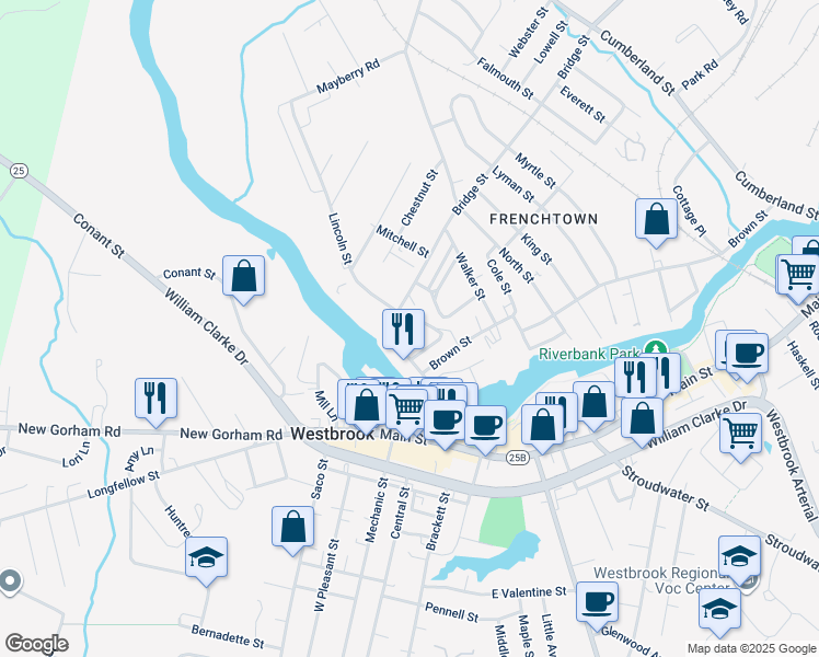 map of restaurants, bars, coffee shops, grocery stores, and more near 87 Bridge Street in Westbrook