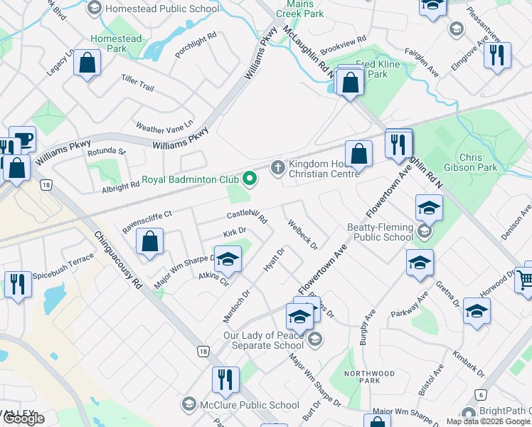 map of restaurants, bars, coffee shops, grocery stores, and more near in Brampton