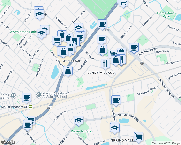 map of restaurants, bars, coffee shops, grocery stores, and more near 16 Brunswick Street in Brampton