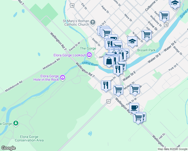 map of restaurants, bars, coffee shops, grocery stores, and more near 6515 Wellington Road 7 in Elora