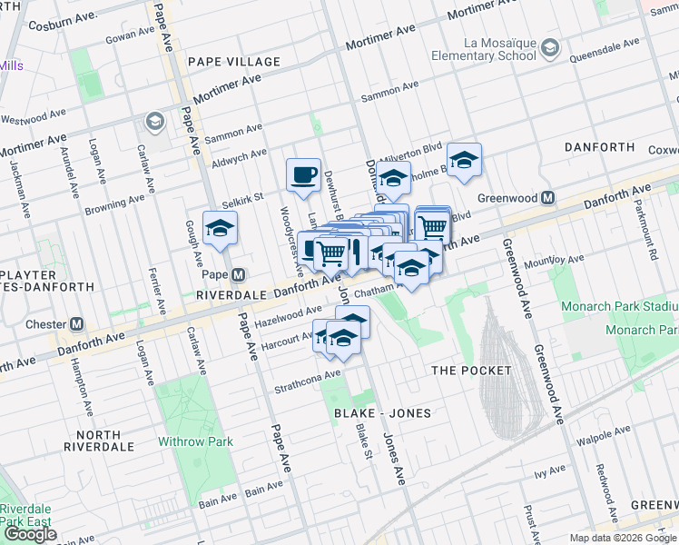 map of restaurants, bars, coffee shops, grocery stores, and more near 862 Danforth Avenue in Toronto