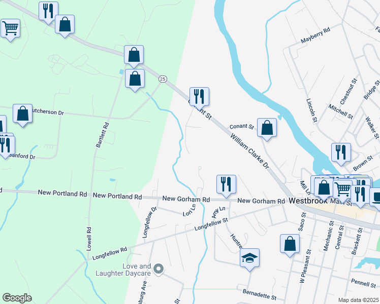 map of restaurants, bars, coffee shops, grocery stores, and more near 20 Juniper Lane in Westbrook