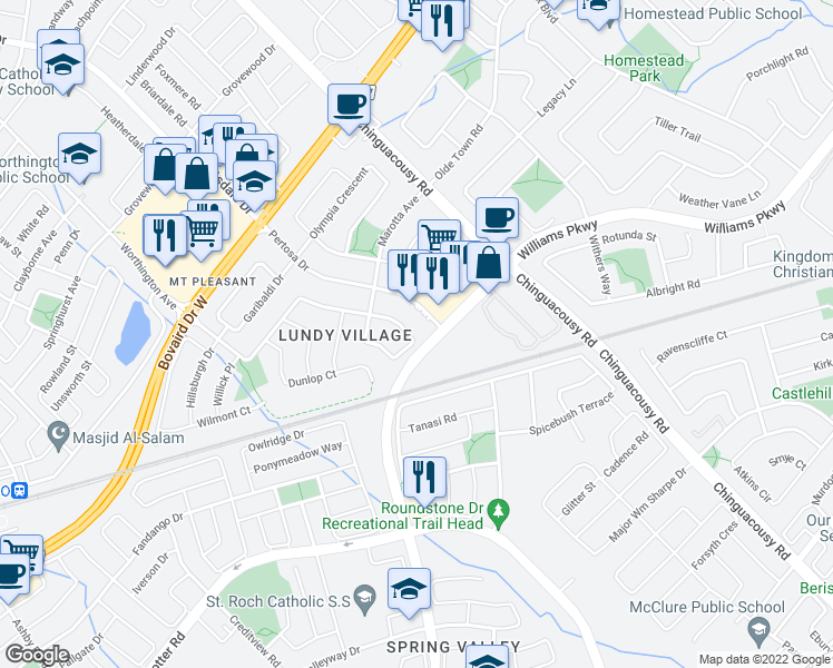 map of restaurants, bars, coffee shops, grocery stores, and more near 66 Whiteface Crescent in Brampton