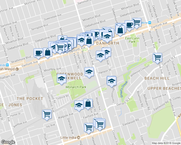 map of restaurants, bars, coffee shops, grocery stores, and more near 597 Rhodes Avenue in Toronto