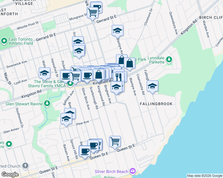 map of restaurants, bars, coffee shops, grocery stores, and more near 360 Victoria Park Avenue in Toronto