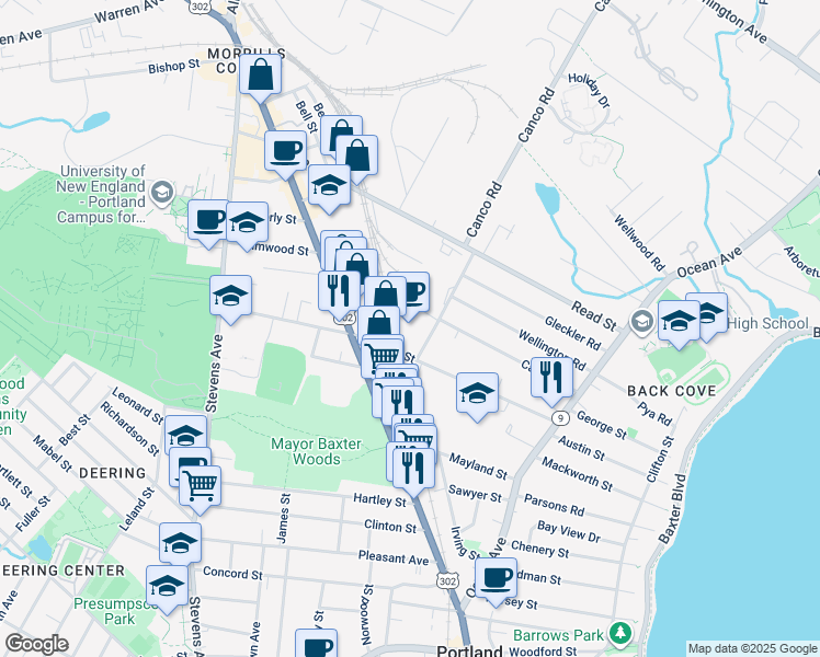 map of restaurants, bars, coffee shops, grocery stores, and more near 135 Walton Street in Portland