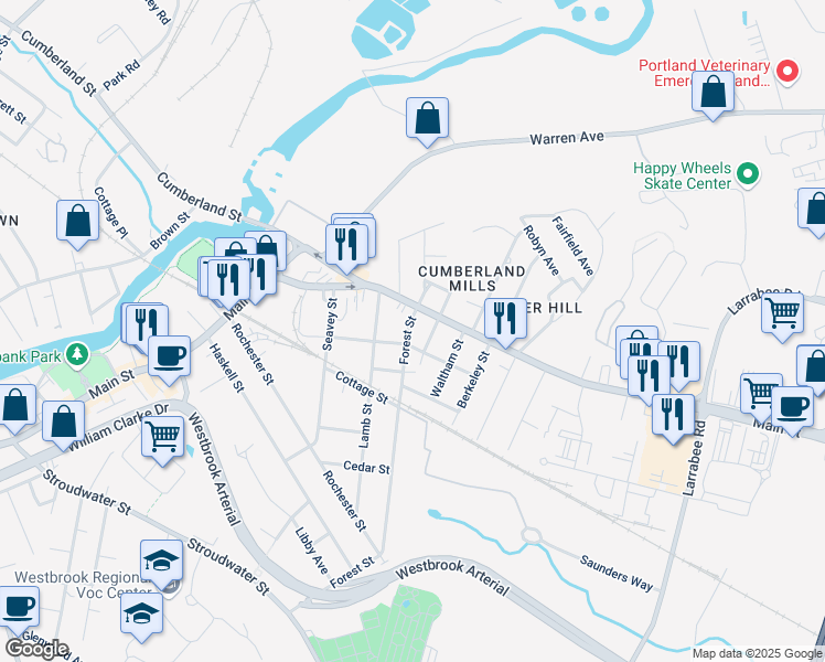 map of restaurants, bars, coffee shops, grocery stores, and more near 118 Forest Street in Westbrook