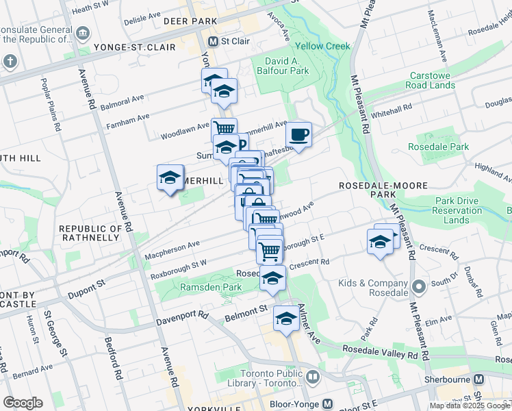 map of restaurants, bars, coffee shops, grocery stores, and more near 1095 Yonge Street in Toronto
