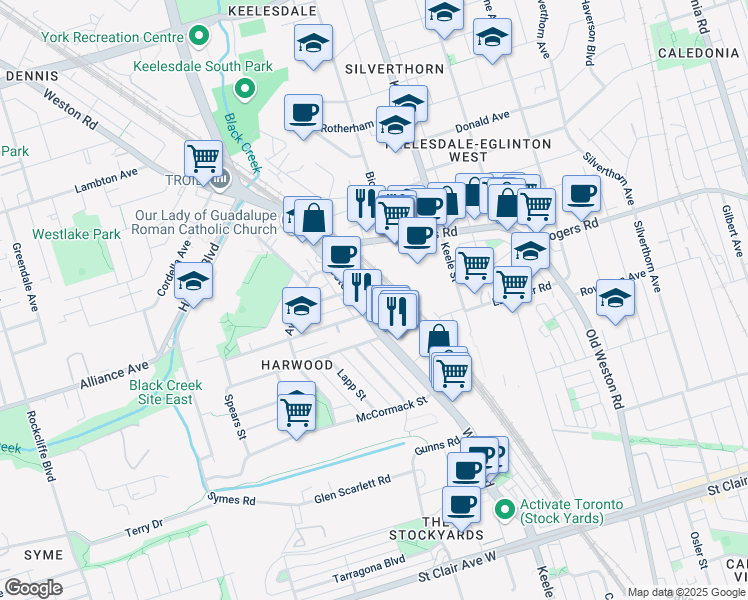 map of restaurants, bars, coffee shops, grocery stores, and more near 355 Weston Road in Toronto