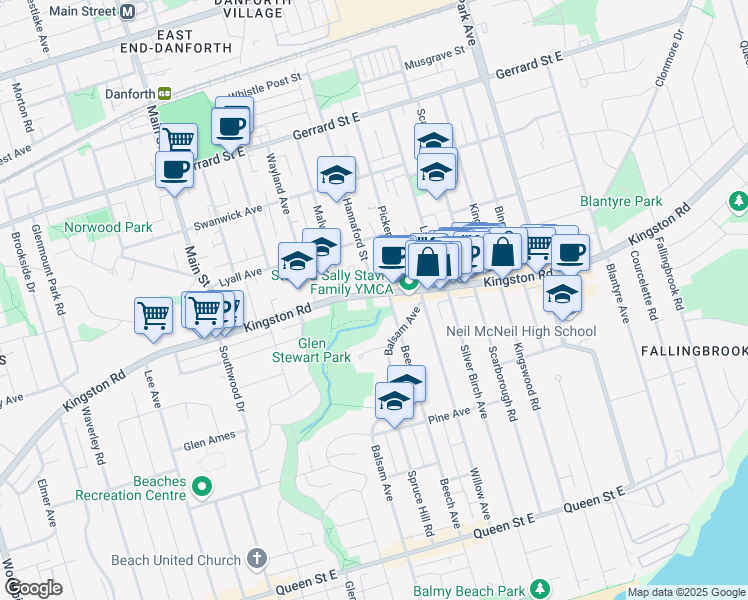 map of restaurants, bars, coffee shops, grocery stores, and more near 847 Kingston Road in Toronto