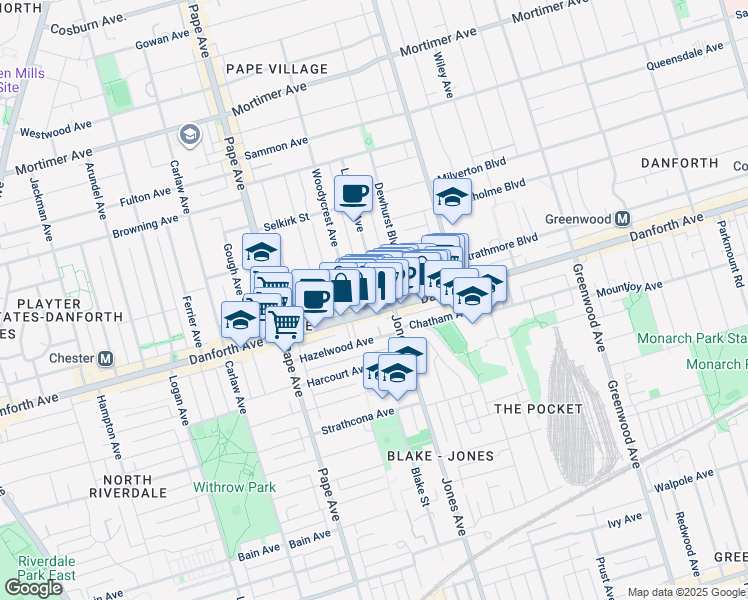 map of restaurants, bars, coffee shops, grocery stores, and more near 834 A Danforth Avenue in Toronto