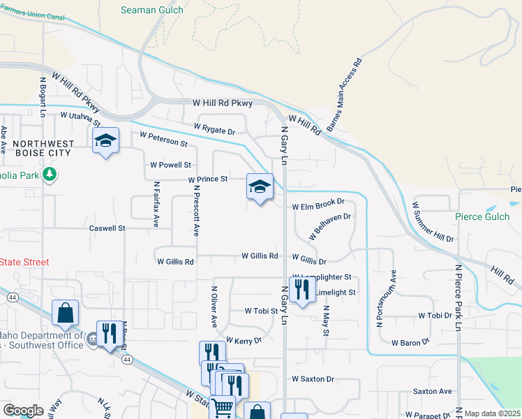 map of restaurants, bars, coffee shops, grocery stores, and more near 6801 North Gary Lane in Boise