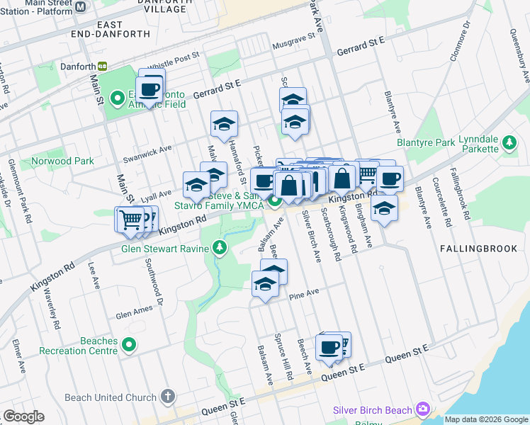 map of restaurants, bars, coffee shops, grocery stores, and more near 365 Beech Avenue in Toronto
