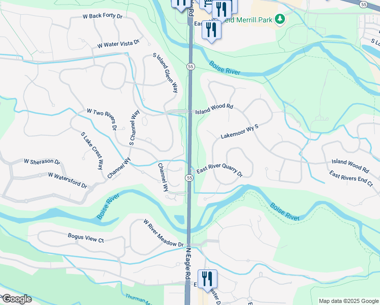 map of restaurants, bars, coffee shops, grocery stores, and more near South Eagle Road in Eagle