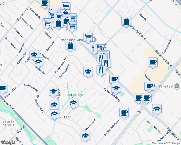 map of restaurants, bars, coffee shops, grocery stores, and more near 308 Bartley Bull Parkway in Brampton