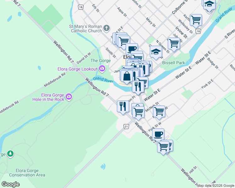 map of restaurants, bars, coffee shops, grocery stores, and more near 30 Ross Street in Elora