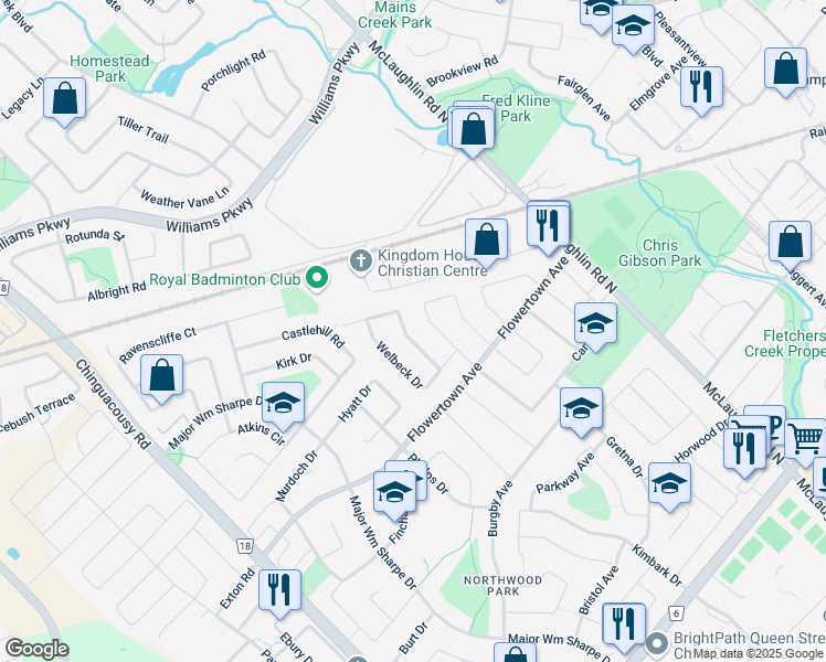map of restaurants, bars, coffee shops, grocery stores, and more near 18 Northwood Drive in Brampton