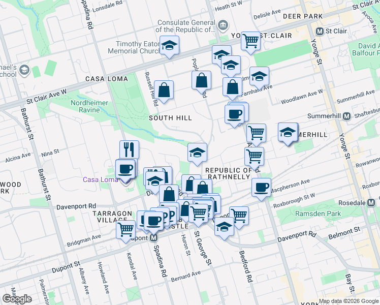 map of restaurants, bars, coffee shops, grocery stores, and more near 116 Boulton Drive in Toronto