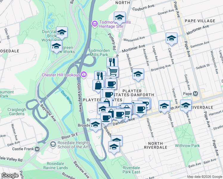 map of restaurants, bars, coffee shops, grocery stores, and more near 869 Broadview Avenue in Toronto
