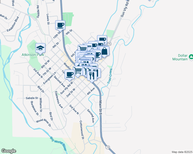 map of restaurants, bars, coffee shops, grocery stores, and more near 120 Leadville Avenue in Sun Valley