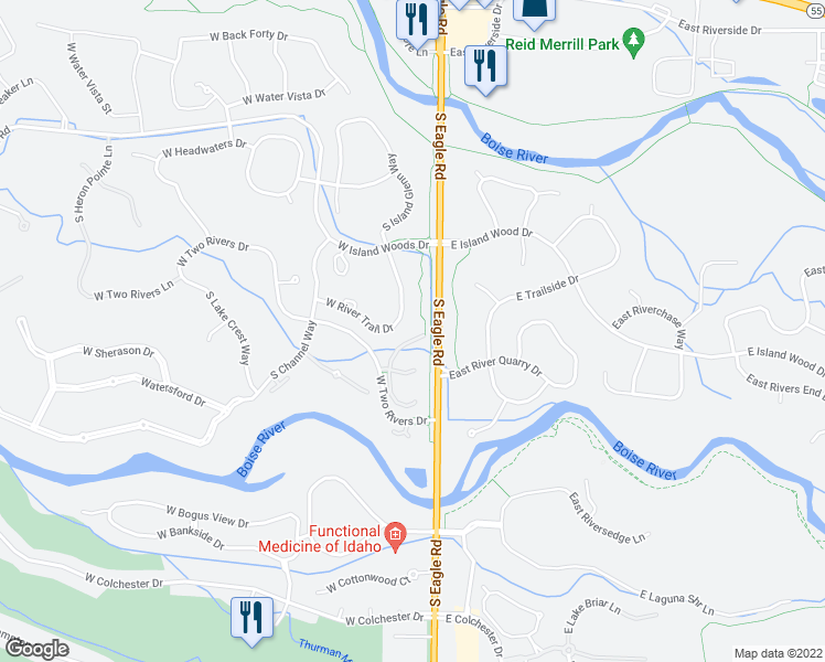 map of restaurants, bars, coffee shops, grocery stores, and more near 1645 South Streampointe Lane in Eagle