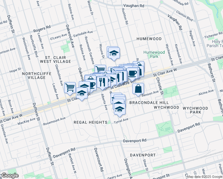 map of restaurants, bars, coffee shops, grocery stores, and more near 873 Saint Clair Avenue West in Toronto