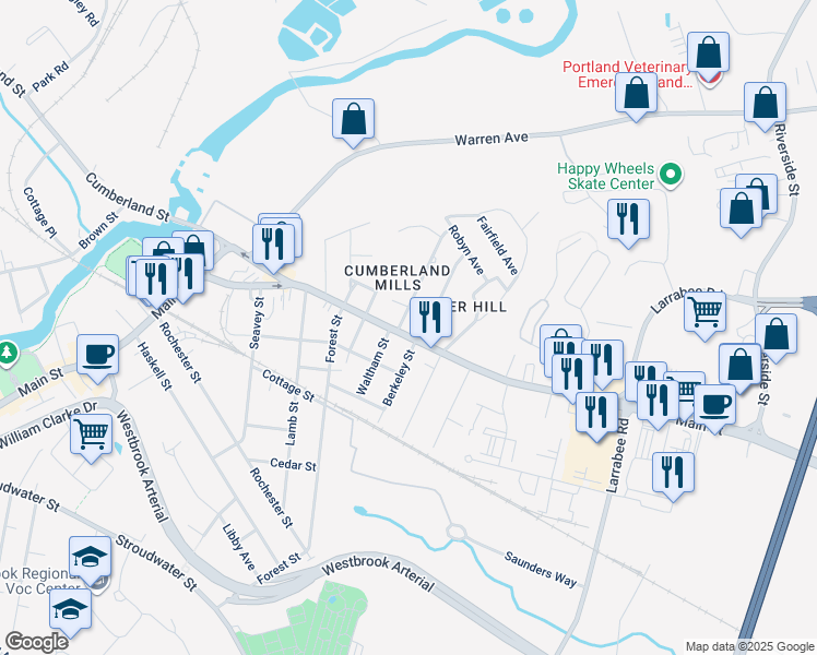 map of restaurants, bars, coffee shops, grocery stores, and more near 307 Main Street in Westbrook