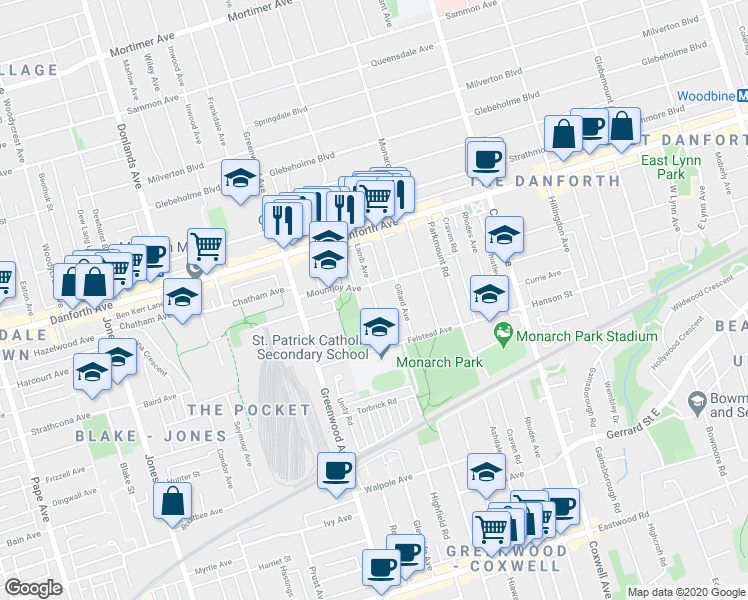 map of restaurants, bars, coffee shops, grocery stores, and more near 74 Lamb Avenue in Toronto