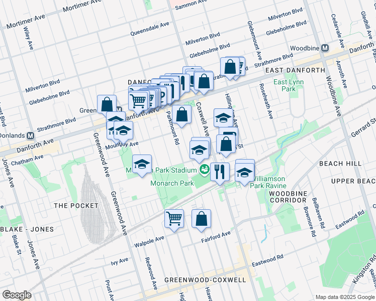 map of restaurants, bars, coffee shops, grocery stores, and more near 999 Craven Road in Toronto