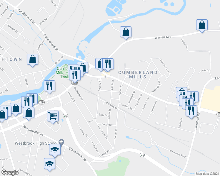 map of restaurants, bars, coffee shops, grocery stores, and more near 31 Lamb Street in Westbrook
