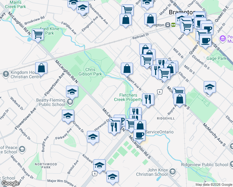 map of restaurants, bars, coffee shops, grocery stores, and more near 97 Denison Avenue in Brampton