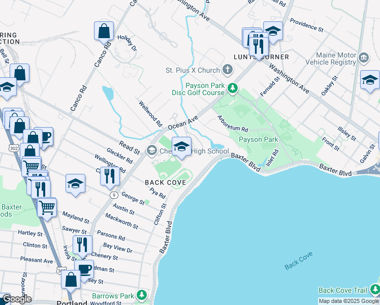 map of restaurants, bars, coffee shops, grocery stores, and more near 23 Back Cove Estates Road in Portland
