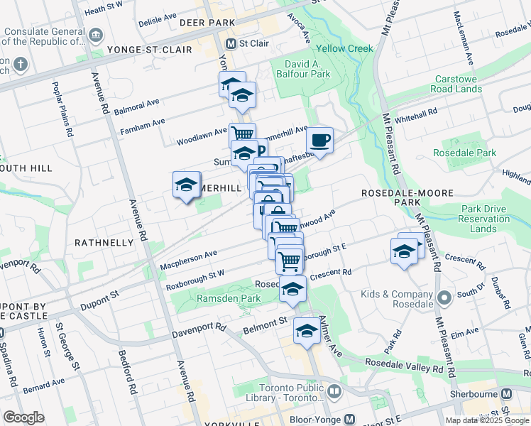 map of restaurants, bars, coffee shops, grocery stores, and more near 1150 Yonge Street in Toronto