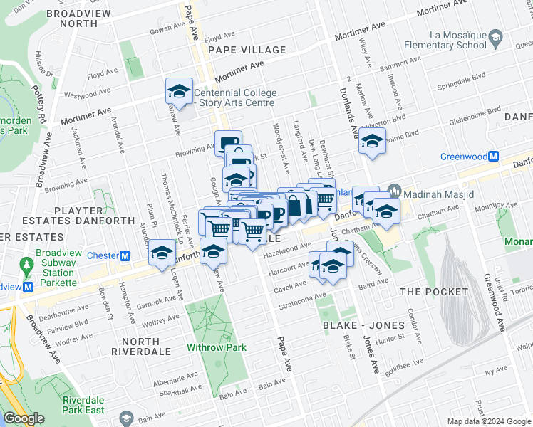map of restaurants, bars, coffee shops, grocery stores, and more near 26 Lipton Avenue in Toronto