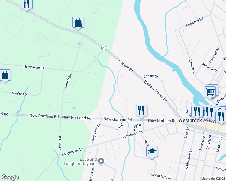 map of restaurants, bars, coffee shops, grocery stores, and more near 20 Juniper Lane in Westbrook