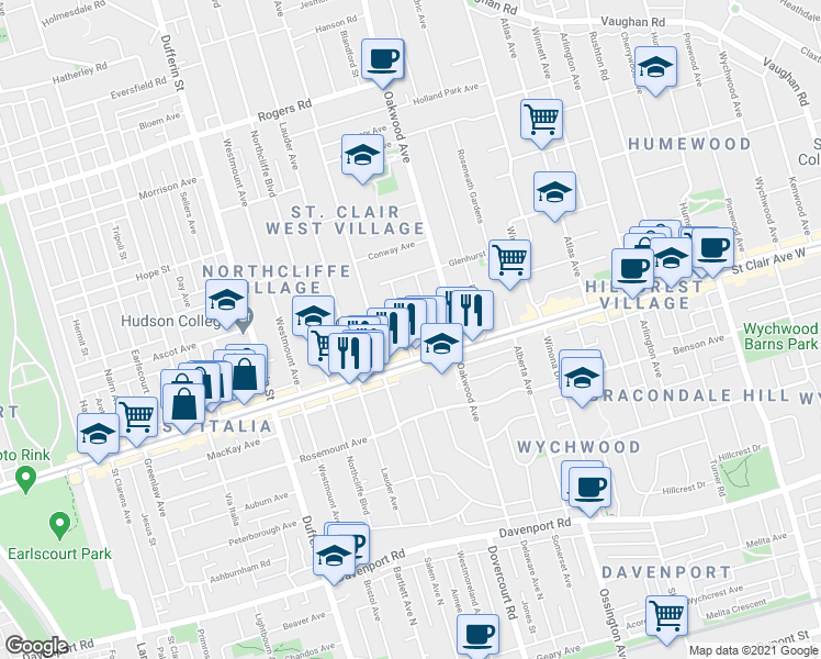 map of restaurants, bars, coffee shops, grocery stores, and more near 29 Appleton Avenue in Toronto