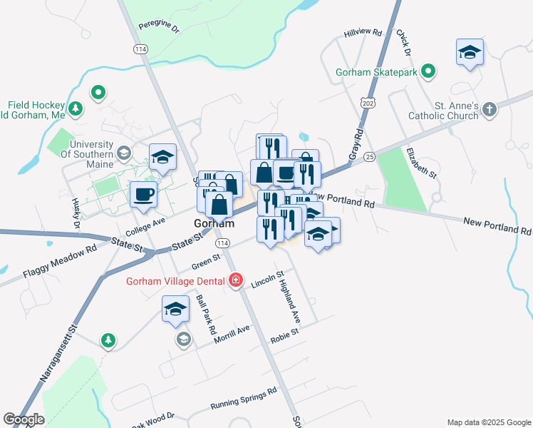 map of restaurants, bars, coffee shops, grocery stores, and more near 8 Elm Street in Gorham