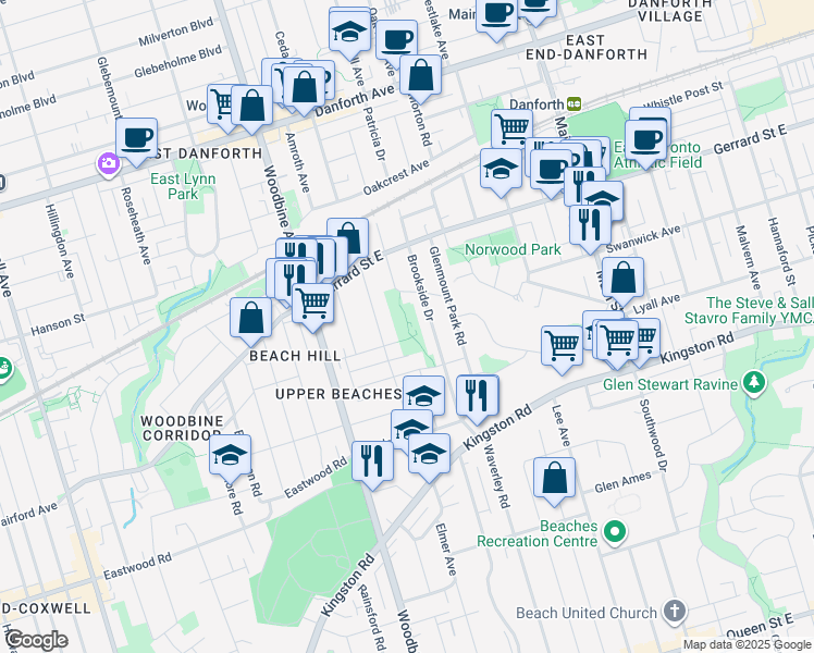 map of restaurants, bars, coffee shops, grocery stores, and more near 98 Brookside Drive in Toronto