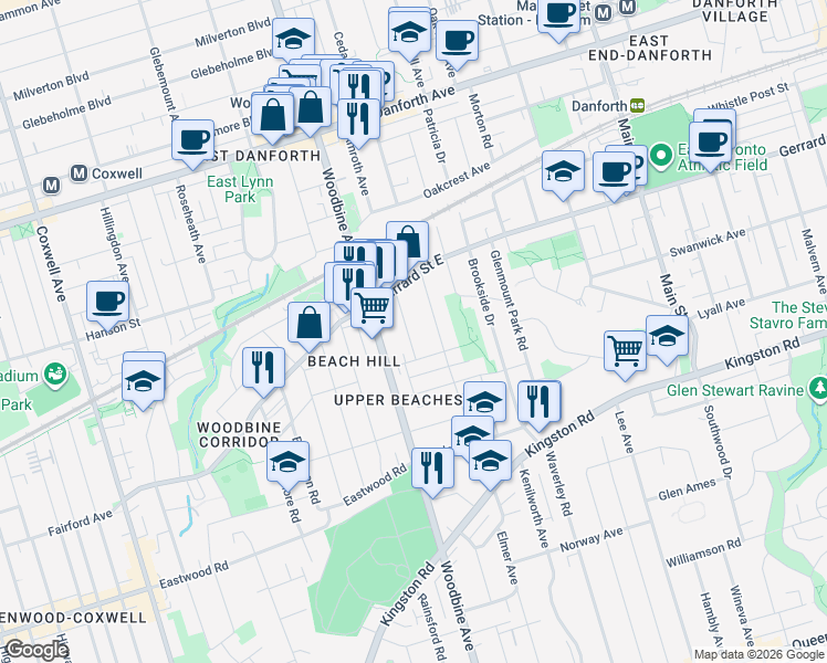 map of restaurants, bars, coffee shops, grocery stores, and more near 19 Devon Road in Toronto