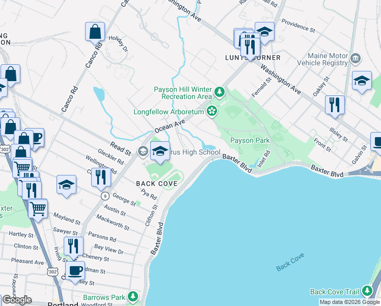 map of restaurants, bars, coffee shops, grocery stores, and more near 43 Back Cove Estates Road in Portland