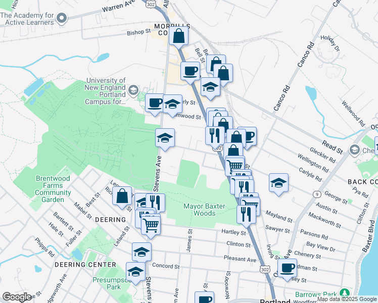 map of restaurants, bars, coffee shops, grocery stores, and more near 242 Walton Street in Portland