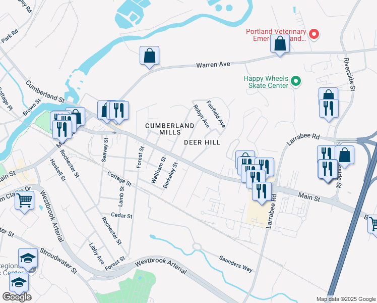 map of restaurants, bars, coffee shops, grocery stores, and more near 16 Deer Hill Avenue in Westbrook